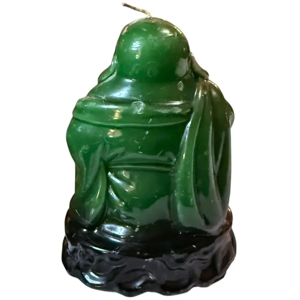 Vintage 70s Lucky Buddha Candle Green Black Wax Distressed 5.25 in